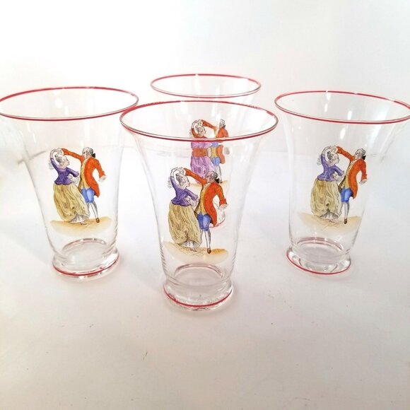 Vintage 40s Victorian Minuet Dancing Bar Drinking Glasses Red Rim Set of 4 - Picture 1 of 10